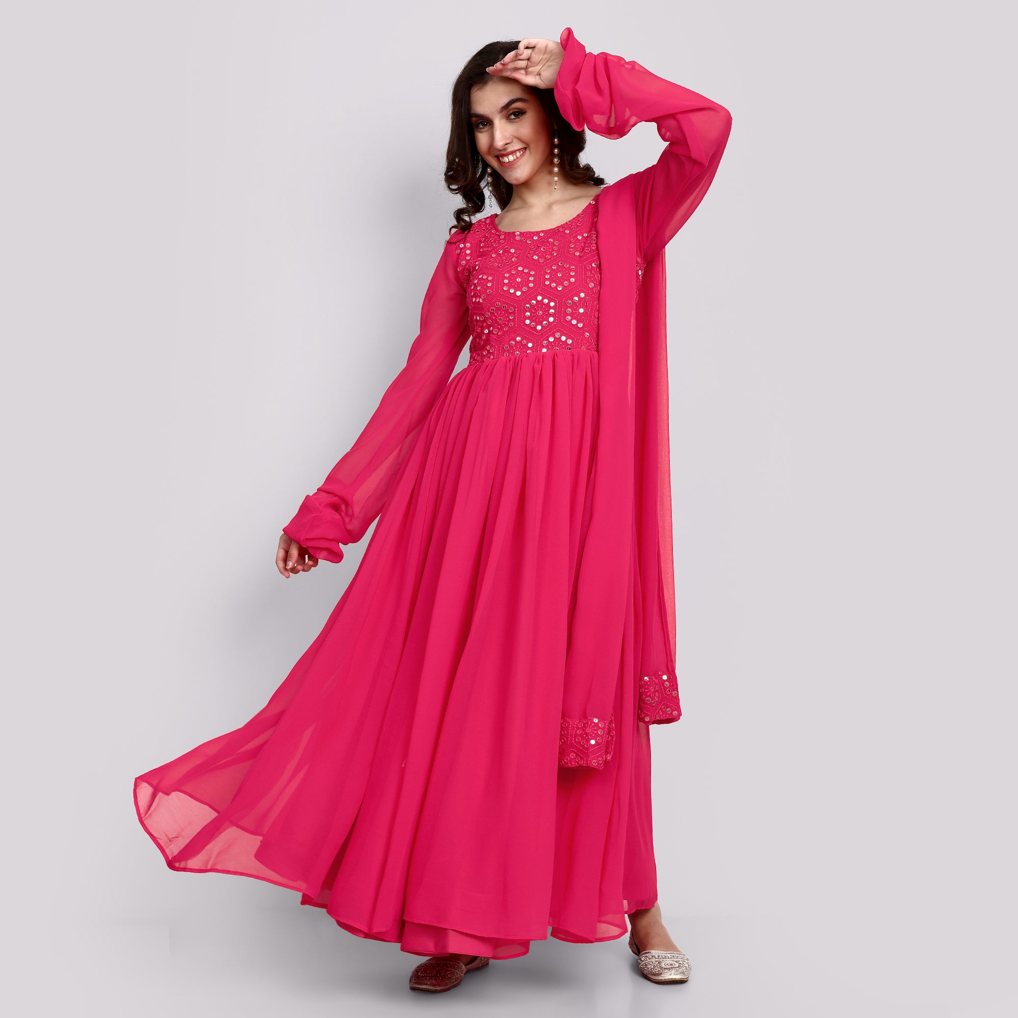 Pink Abla Mirror Embroidered Georgette Anarkali Style Gown