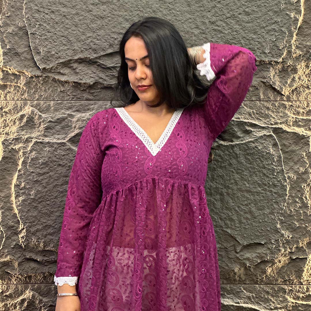Purple Alia-Cut Georgette Lucknowi Chikankari Kurta Set