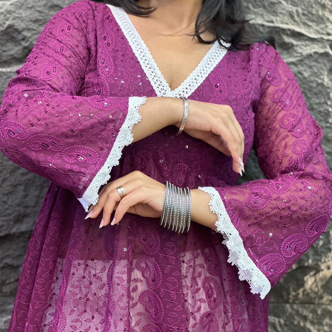 Purple Alia-Cut Georgette Lucknowi Chikankari Kurta Set