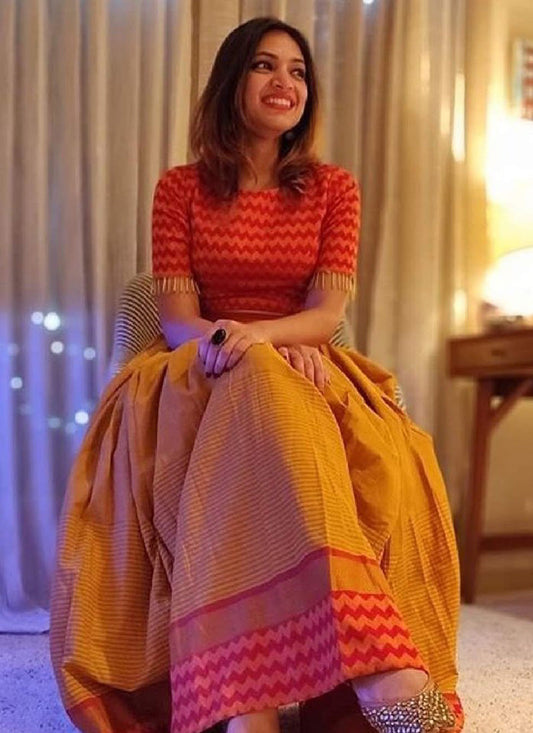 Stunning mustard silk lehenga choli with a captivating digital print design.