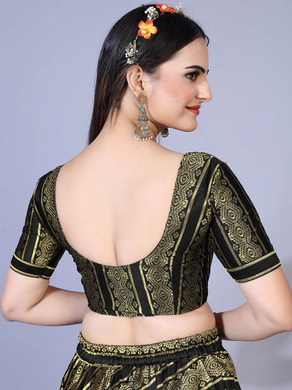 A dramatic black lehenga with a convenient ready-to-wear blouse and a matching dupatta. This complete outfit is perfect for making a statement at your next special occasion.