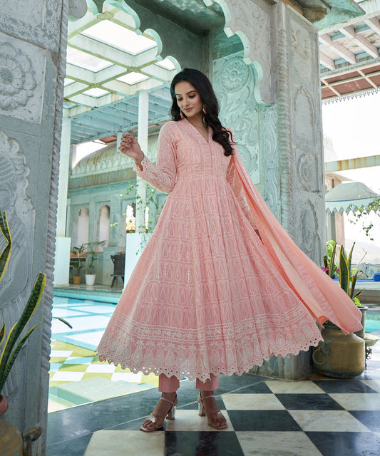 Burnt peach rayon Anarkali suit set featuring a flowing silhouette and elegant design