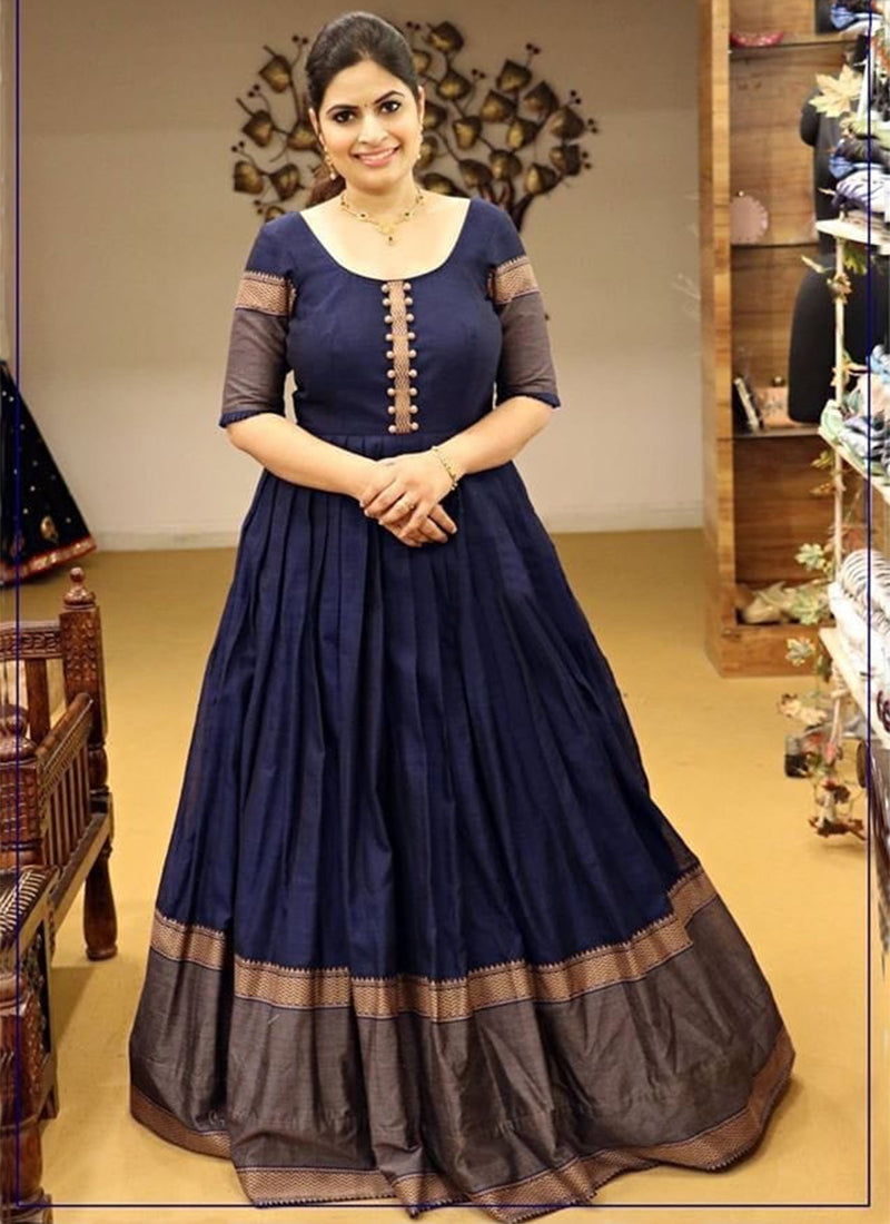 Chic navy blue party wear woven cotton gown exuding a sophisticated and in-demand look for special occasions.