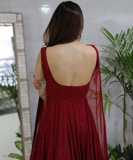Designer Rayon Anarkali Gown adorned with Lucknowi Chikankari Embroidery, showcasing intricate craftsmanship and style.
