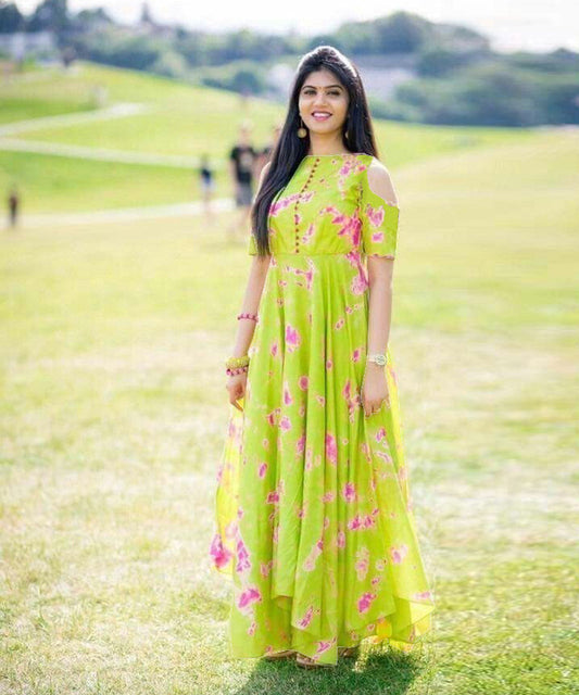 Digital printed designer wear cold shoulder long faux georgette gown, combining modern style with elegance.