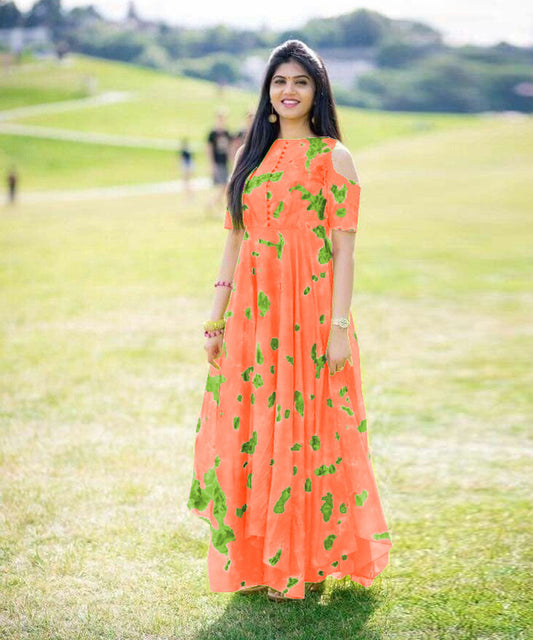Digital printed designer wear cold shoulder long faux georgette gown, combining modern style with elegance.
