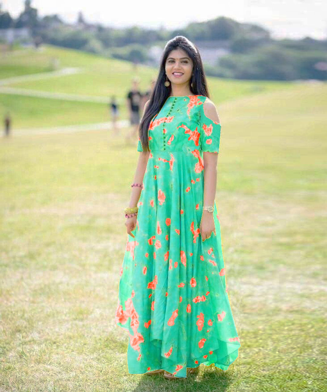 Digital printed designer wear cold shoulder long faux georgette gown, combining modern style with elegance.