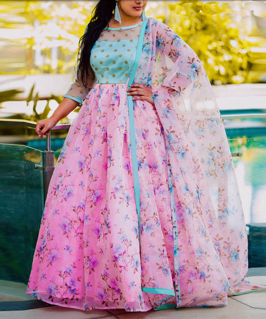 Digital Printed Designer Wear Embroidered Long Tussar Silk Gown Along With Printed Dupatta