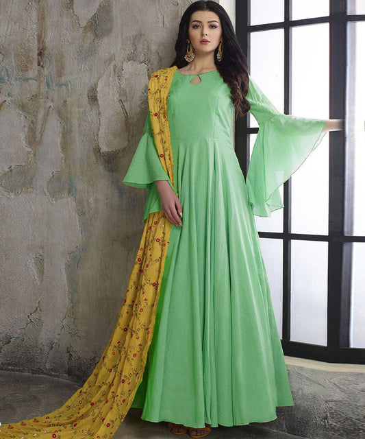 Digital printed embroidered Tussar silk gown with matching printed dupatta, showcasing intricate designer craftsmanship