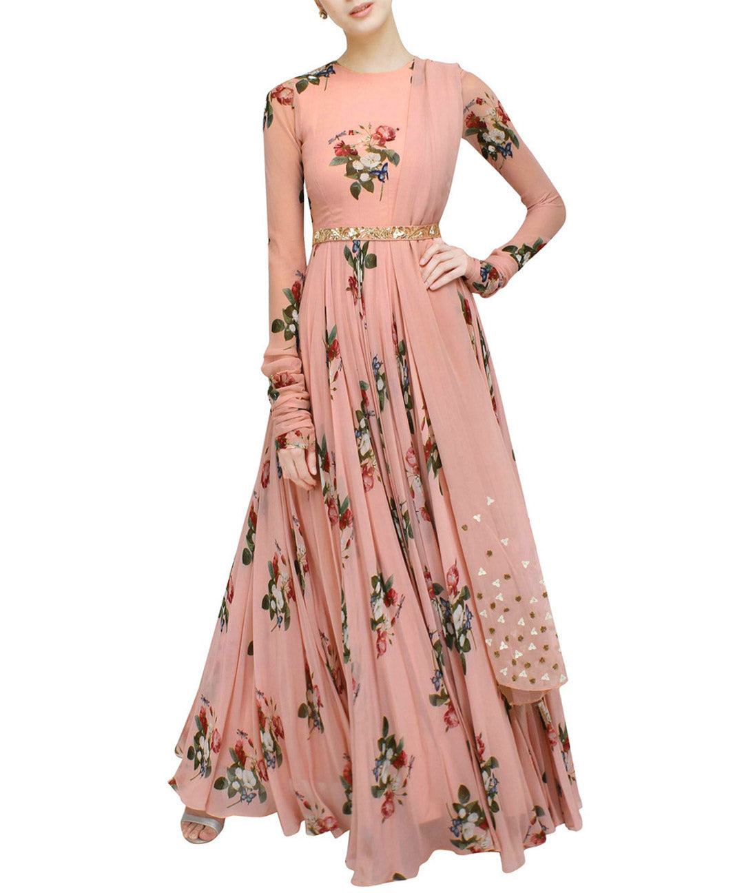Embroidered designer wear peach gown with digital floral print, combining elegance with modern flair.