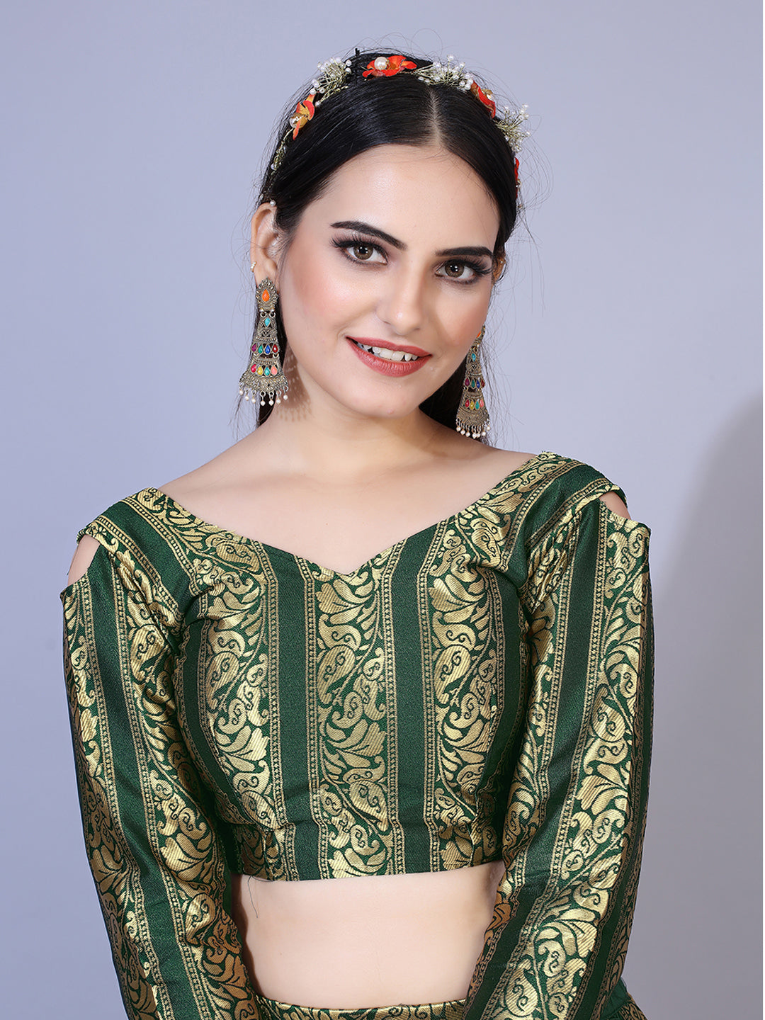 Eye-catching fluorescent green lehenga set with gold accents, ready to wear with blouse and dupatta.