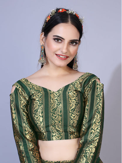 Eye-catching fluorescent green lehenga set with gold accents, ready to wear with blouse and dupatta.