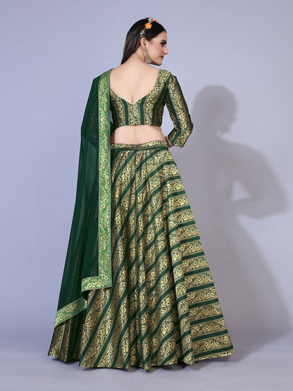 Eye-catching fluorescent green lehenga set with gold accents, ready to wear with blouse and dupatta.