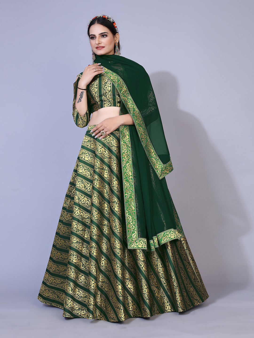 Eye-catching fluorescent green lehenga set with gold accents, ready to wear with blouse and dupatta.