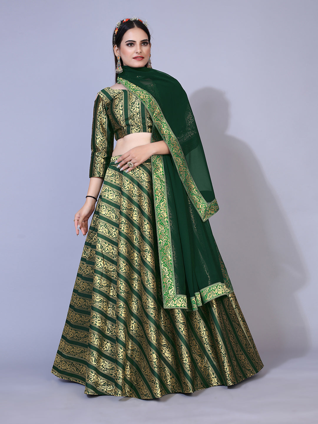 Eye-catching fluorescent green lehenga set with gold accents, ready to wear with blouse and dupatta.