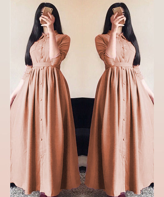Glorious dark peach linen silk designer wear western gown, exuding elegance and sophistication.