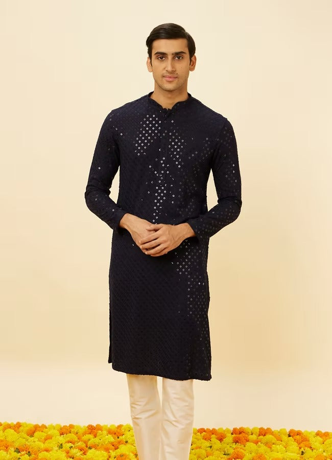 Men Navy Blue Chikankari Kurta