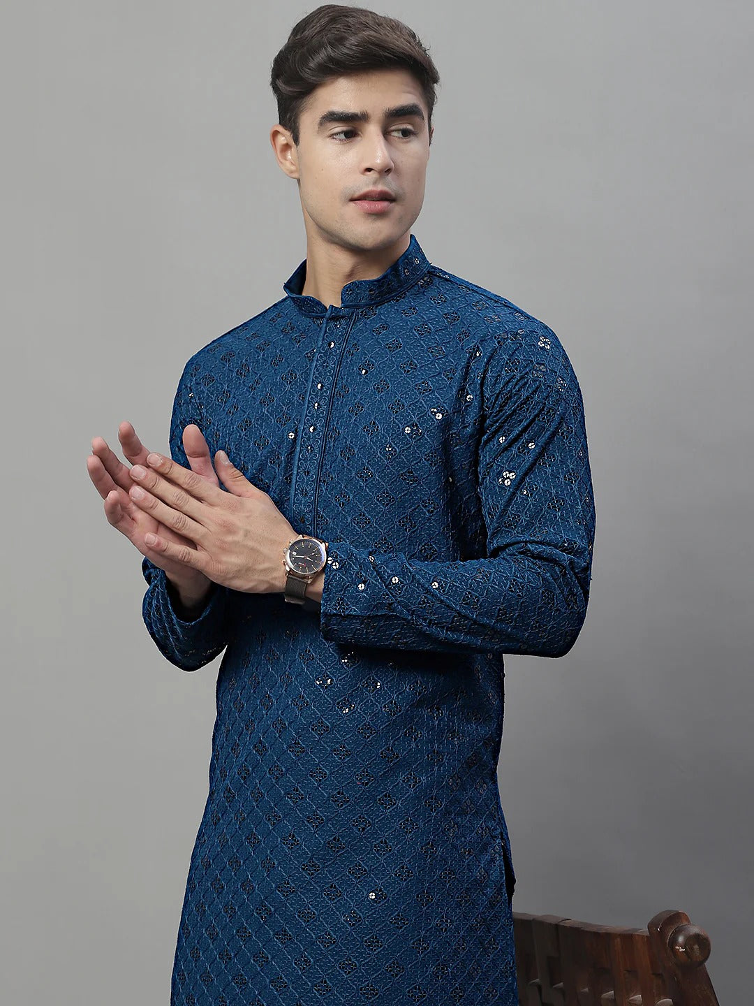 Men Teal Blue Chikankari Kurta