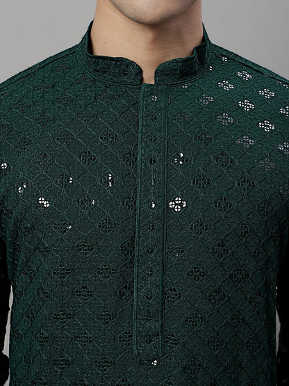 Men Dark Green Chikankari Kurta