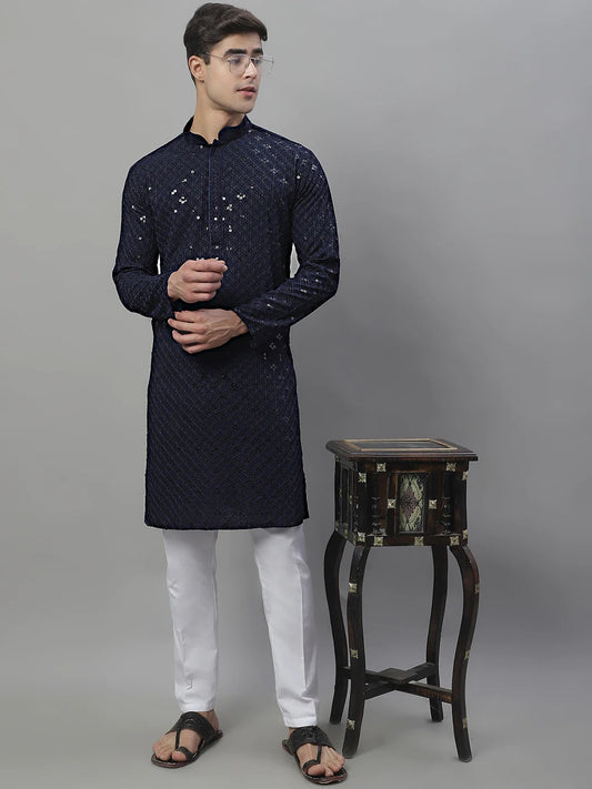 Men Navy Blue Chikankari Kurta