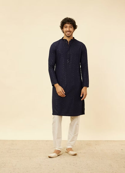 Men Navy Blue Chikankari Kurta