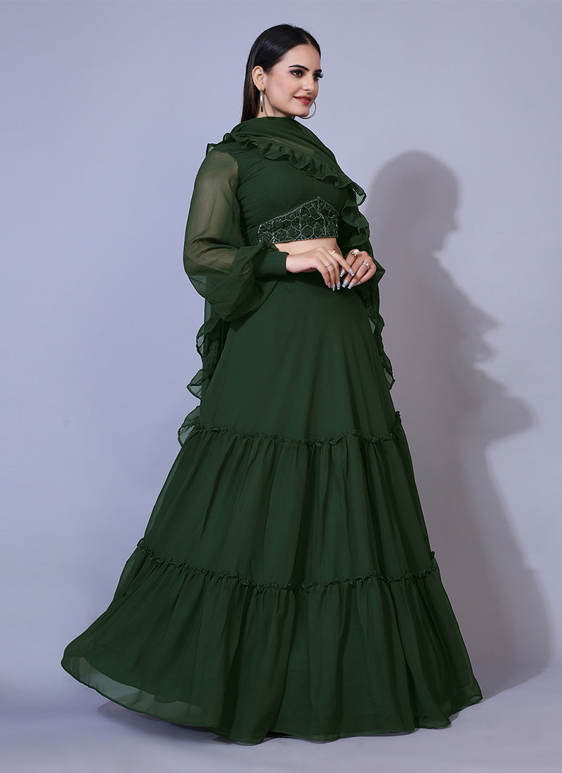 Mehendi-colored A-line Lucknowi Chikankari work stitched lehenga choli, ideal for traditional and festive celebrations.