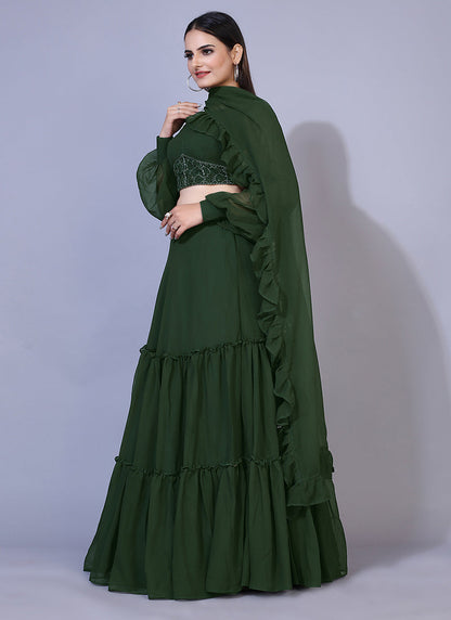 Mehendi-colored A-line Lucknowi Chikankari work stitched lehenga choli, ideal for traditional and festive celebrations.