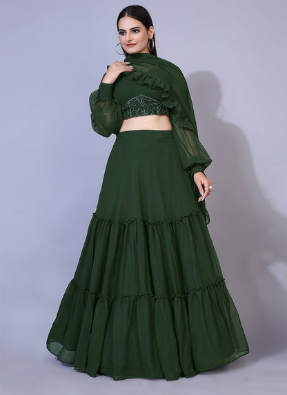 Mehendi-colored A-line Lucknowi Chikankari work stitched lehenga choli, ideal for traditional and festive celebrations.