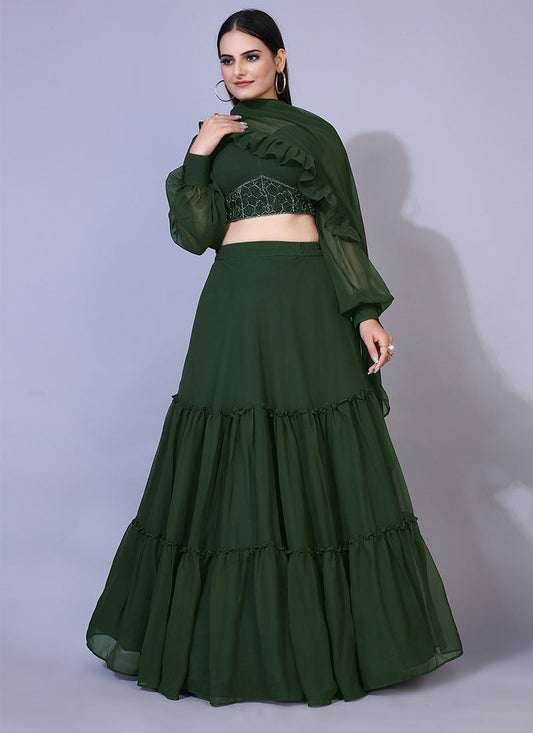 Mehendi-colored A-line Lucknowi Chikankari work stitched lehenga choli, ideal for traditional and festive celebrations.