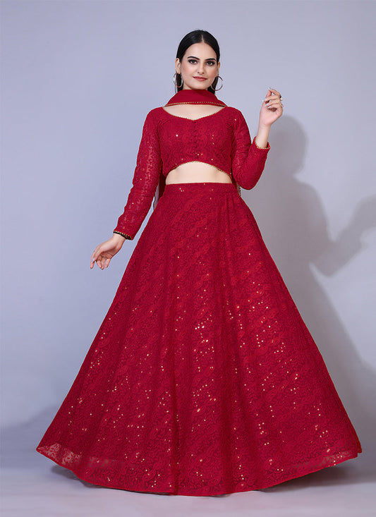 Maroon A-line Chikankari lehenga, ideal for traditional and festive occasions with intricate embroidery.