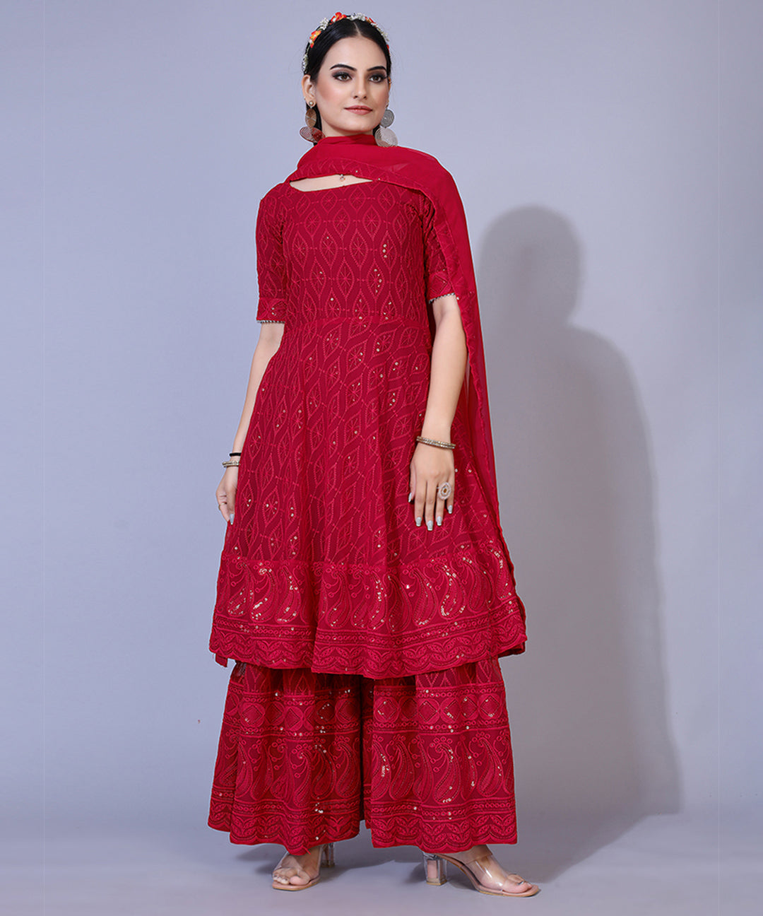 Maroon Chikankari Georgette Sharara Suit showcasing intricate embroidery and graceful design