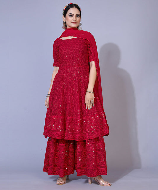 Maroon Chikankari Georgette Sharara Suit showcasing intricate embroidery and graceful design