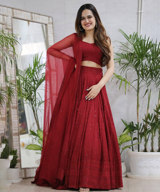 Maroon Chikankari Lehenga featuring intricate white embroidery, elegantly designed.