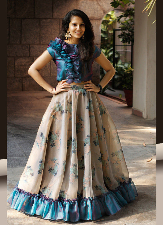 Miraculous digital printed organza silk party wear lehenga choli with stitched patterned blouse, perfect for celebratory occasions.