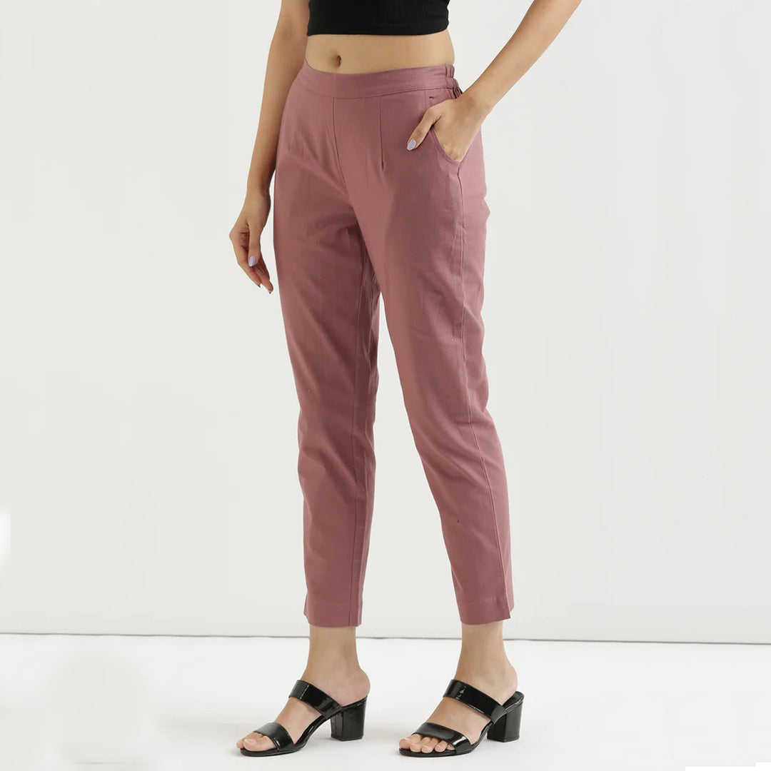 Rose Taupe High-Rise Easy Wash Pure Cotton Regular Pant