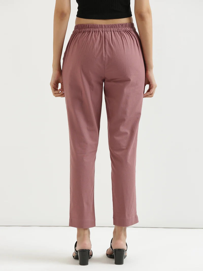 Rose Taupe High-Rise Easy Wash Pure Cotton Regular Pant