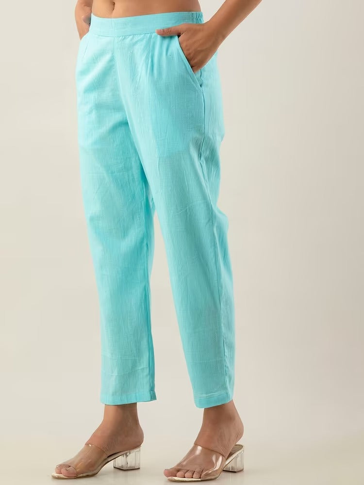 Turquoise Blue High-Rise Easy Wash Pure Cotton Regular Pant