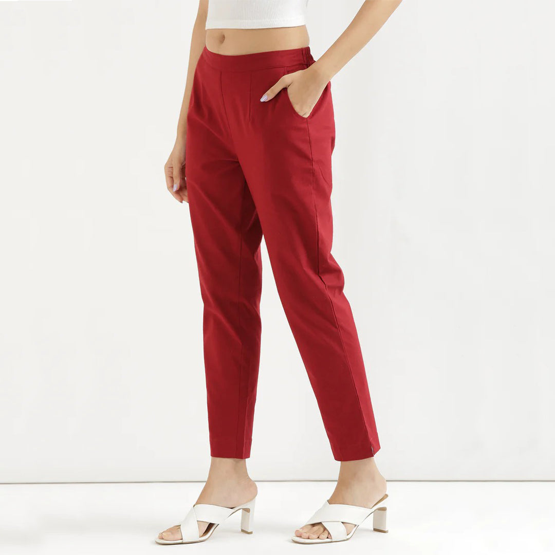 Red Cotton Elasticated Casual Pant