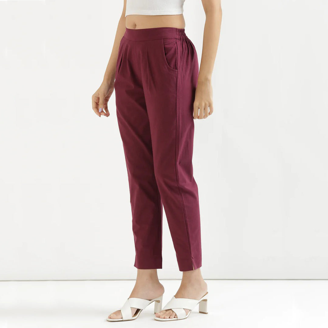 Wine High-Rise Easy Wash Pure Cotton Regular Pant