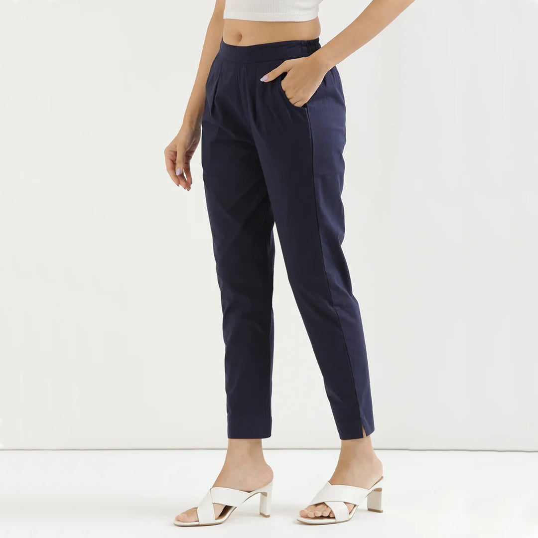 Navy Blue High-Rise Easy Wash Pure Cotton Regular Pant