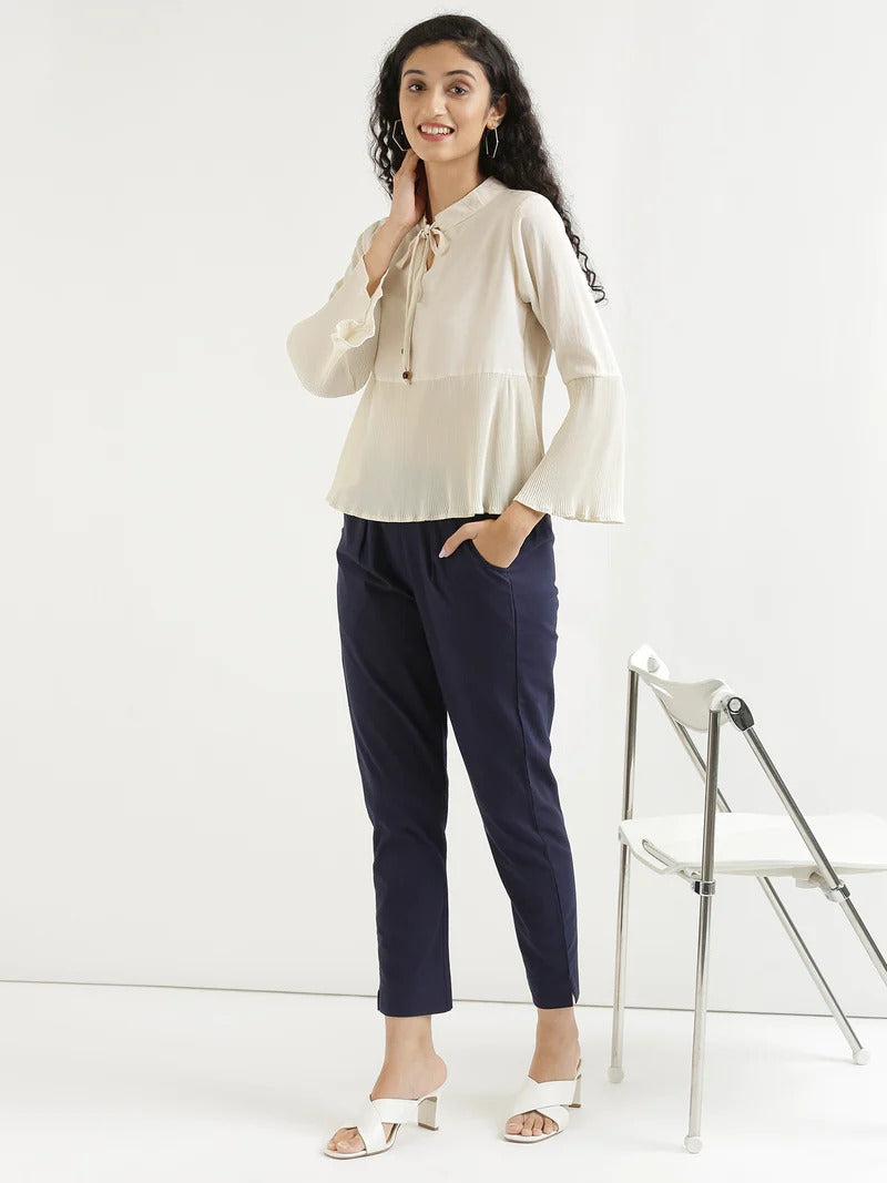 Navy Blue High-Rise Easy Wash Pure Cotton Regular Pant