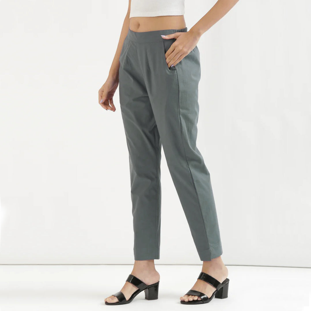 Grey High-Rise Easy Wash Pure Cotton Regular Pant