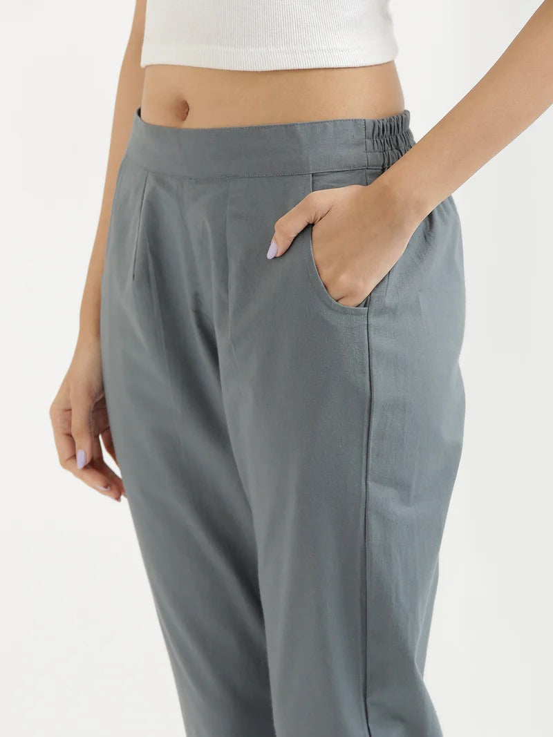 Grey High-Rise Easy Wash Pure Cotton Regular Pant