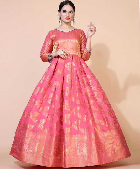 Pink floral jacquard maxi dress, perfect for elegant and formal occasions with a touch of femininity.