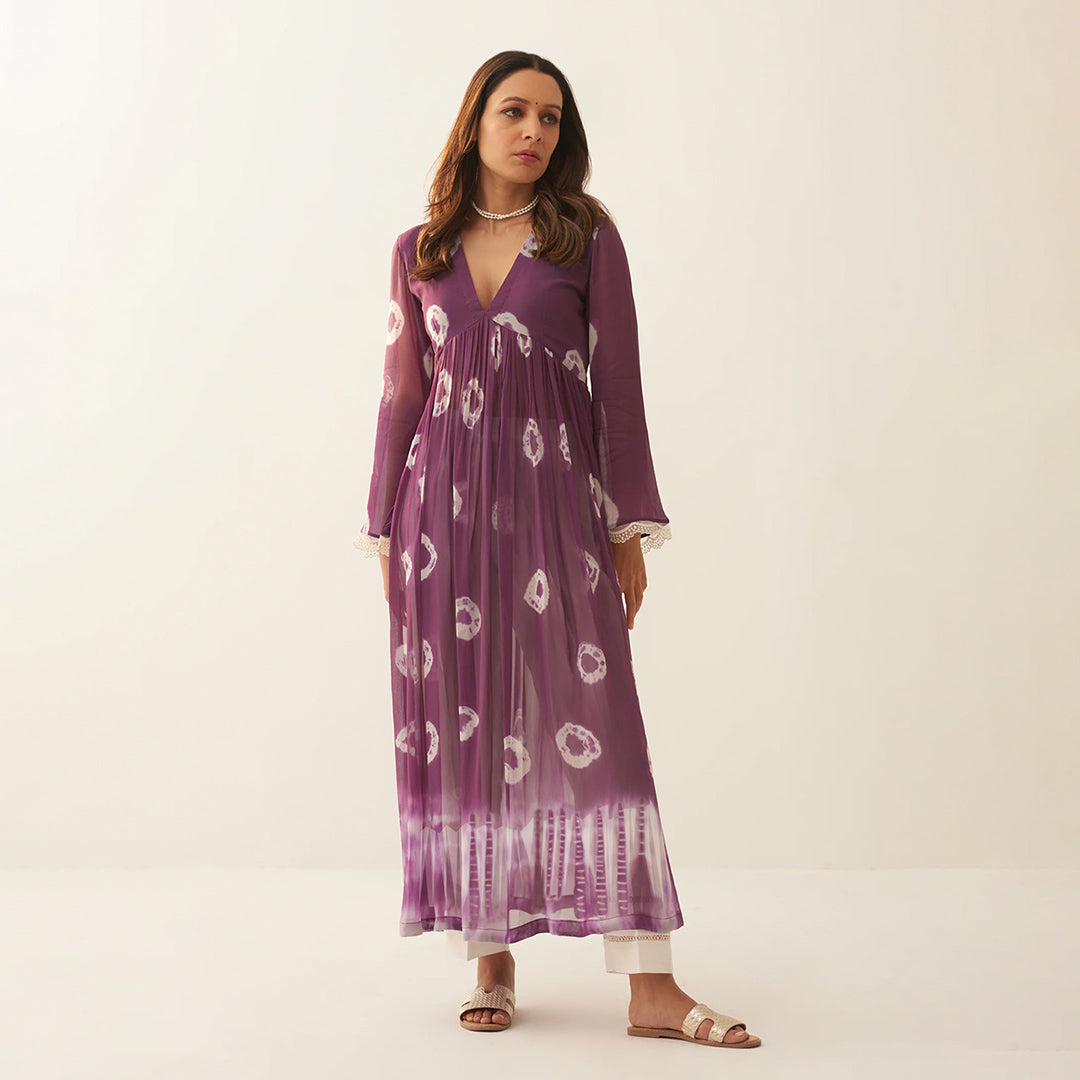 Wine Dyed Bandhej Alia Cut Flared Long Kurta With Pockets Pants