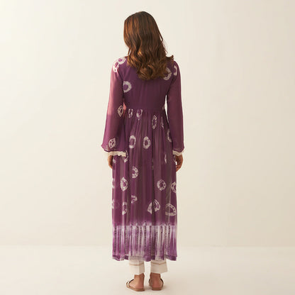 Wine Dyed Bandhej Alia Cut Flared Long Kurta With Pockets Pants