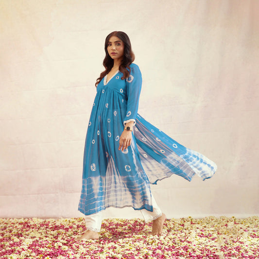 Blue Hand Dyed Bandhej Alia Cut Flared Long Kurta With Pockets Pants