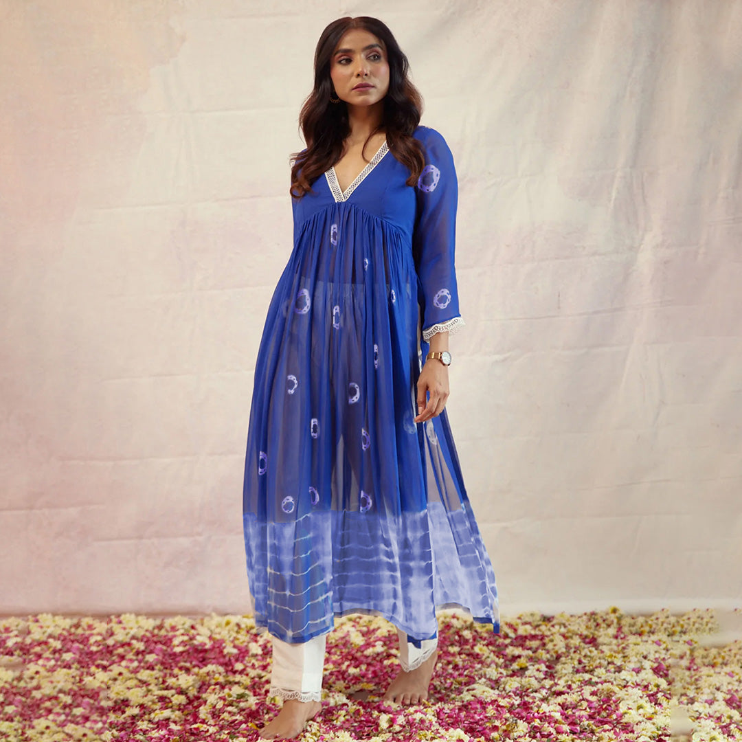Royal Blue Dyed Bandhej Alia Cut Flared Long Kurta With Pockets Pants