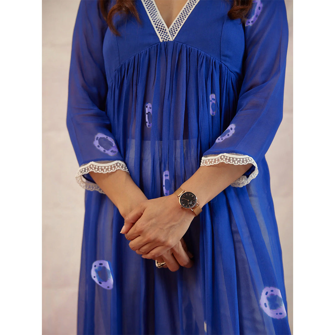 Royal Blue Dyed Bandhej Alia Cut Flared Long Kurta With Pockets Pants