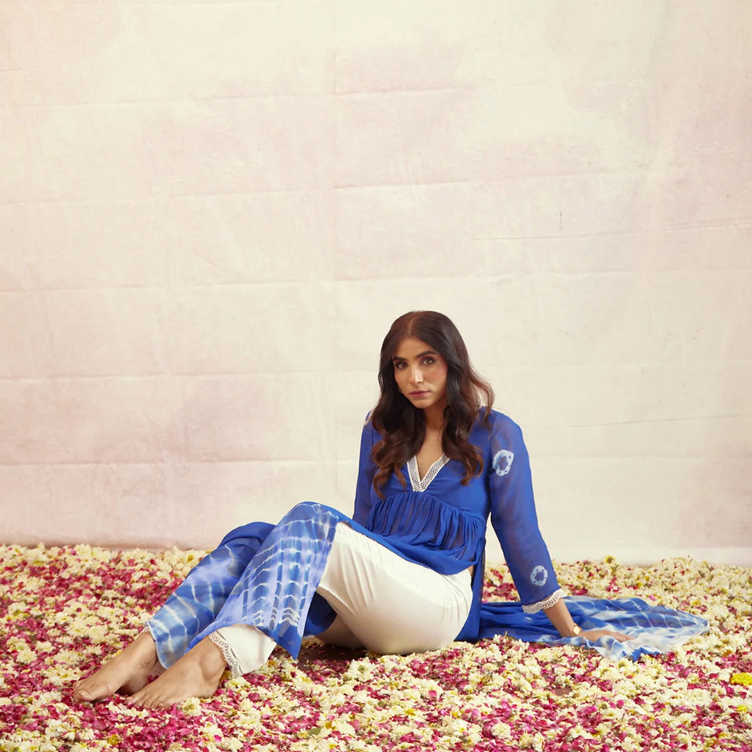 Royal Blue Dyed Bandhej Alia Cut Flared Long Kurta With Pockets Pants
